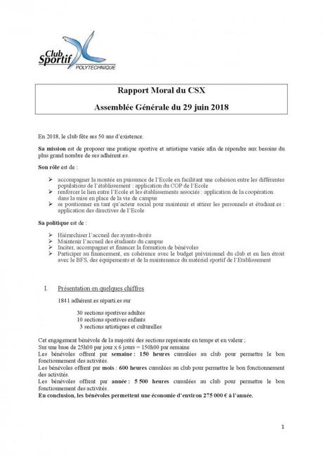 Rapport Moral du CSX Assemblée Générale du 29 juin 2018