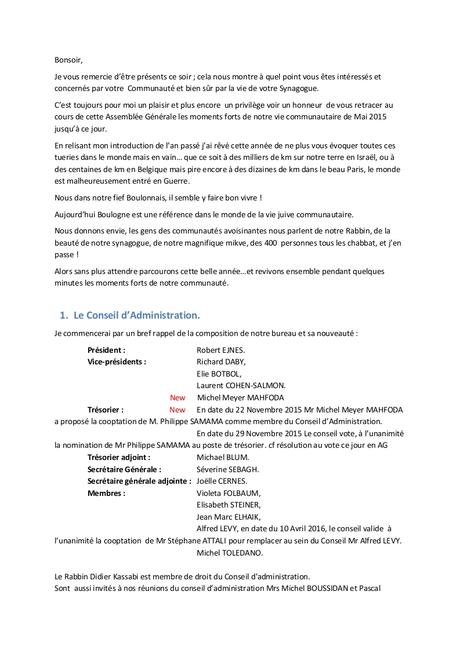 Synagogue de Boulogne: Assemblée générale 2016 - Rapport moral
