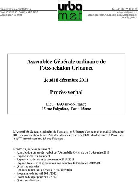 Assemblée Générale ordinaire de l Association Urbamet ...