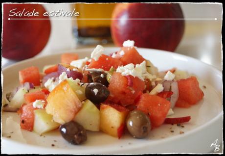Salade estivale de pastèque, concombre et brugnons Salade estivale de pastèque, concombre et brugnons