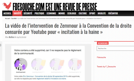 #Désinformation : FDesouche annonce la censure de Zemmour par You Tube