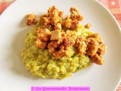 Purée de pois cassés aux lardons Vegan, poêlée de verdure et salade valériane et tomates