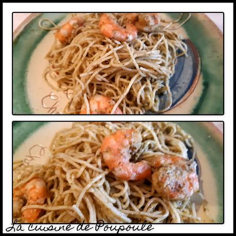 Pâtes au pesto maison et crevettes sautées Pâtes au pesto maison et crevettes sautées