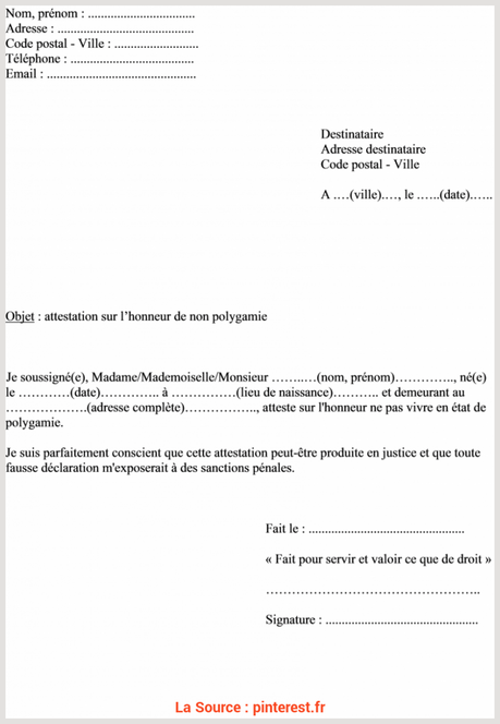 Simple Exemple De Lettre Déclaration, L Honneur Modèle ...