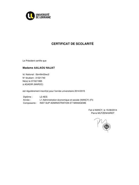 Certificat de Scolarité 1KJNES 2014 2015 AALAOU NAJAT ...