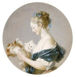 Fragonard Jeune fille tenant dans ses bras un chat et un chien 1775-80 coll part