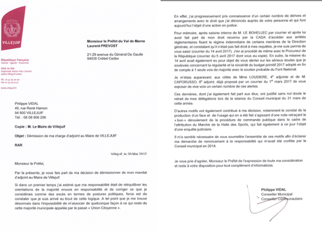 Lettre de démission d'Adjoint de Philippe VIDAL au Préfet ...