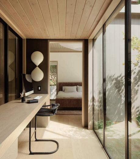 couloir bureau table bois porte vitrée chambre moderne taupe