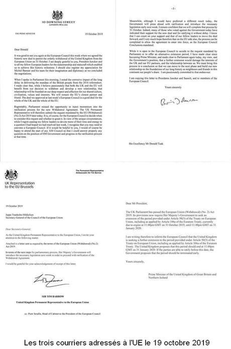 Document : les trois lettres de demande de report du Brexit adressées à l'Union Européenne le 19 octobre 2019 Document : les trois lettres de demande de report du Brexit adressées à l'Union Européenne le 19 octobre 2019