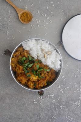 Dahl de lentilles corail à la courge et au coing, riz infusé coco-cardamome