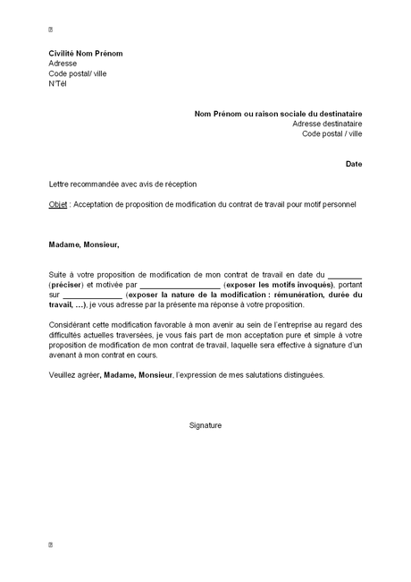 lettre acceptation de poste - Modele et exemple de lettre