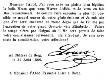 Une lettre de Louis II de Bavière à Franz Liszt