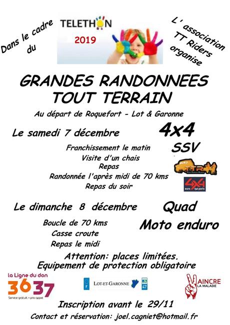 Rando 4X4, quad, moto et SSV Téléthon des TTR à Roquefort (47), le 7 et 8 décembre 2019 Rando 4X4, quad, moto et SSV Téléthon des TTR à Roquefort (47), le 7 et 8 décembre 2019