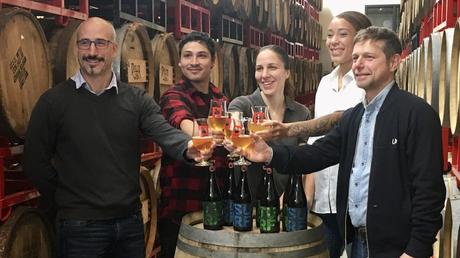 Les cinq personnes tenant un verre de bière à la main trinquent.