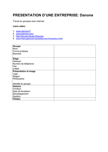 fiche de présentation d’une entreprise PRESENTATION D`UNE ENTREPRISE: Danone