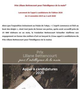 Prix Liliane BETTENCOURT pour l’Intelligence de la main -Appel à candidatures du 14 Novembre au 2 Avril 2020