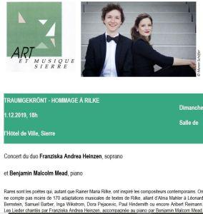 Fondation Rainer-Maria RILKE « Hommage à RILKE » le 1er Décembre 2019 à Sierre Fondation Rainer-Maria RILKE « Hommage à RILKE » le 1er Décembre 2019 à Sierre