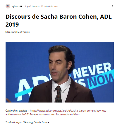 Discours de Sacha Baron Cohen à l’#ADL  : aux racines de la haine, la responsabilité des entreprises d’Internet #NOHaters