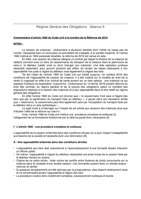 article 1690 Séance 6 - Commentaire d'article 1690 Code civil - - StuDocu