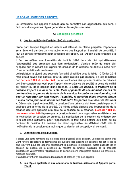 article 1690 LE Formalisme DES Apports - Droit des sociétés - StuDocu