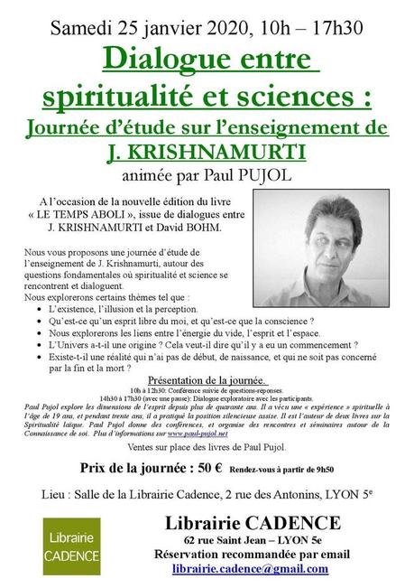 Journée d'étude Krishnamurti à Lyon le 25 janvier 2020: Dialogue entre spiritualité et sciences