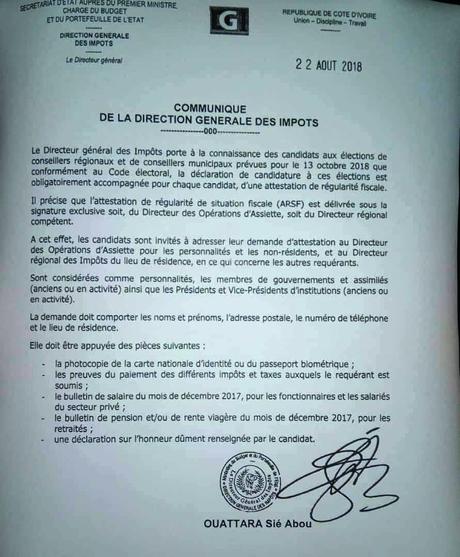 Côte d'Ivoire | Élections provinciales | L'attestation de ...