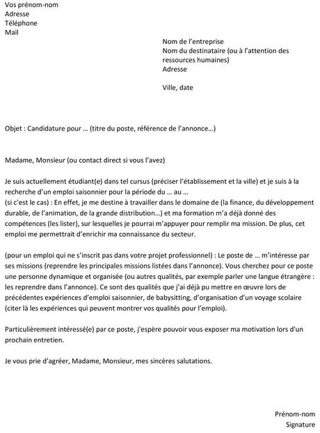 Lettre de motivation pour un emploi saisonnier : un exemple ...