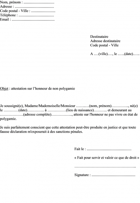 Modèle attestation sur l'honneur non-polygamie pour titre ...