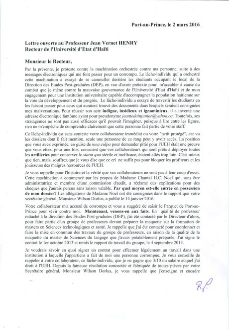 lettre rectorat Lettre ouverte du Prof. Rochambeau Lainy au recteur Jean ...