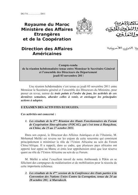 compte rendu hebdomadaire Calaméo - Reunion Hebdomadaire Directeurs 03 11 2011