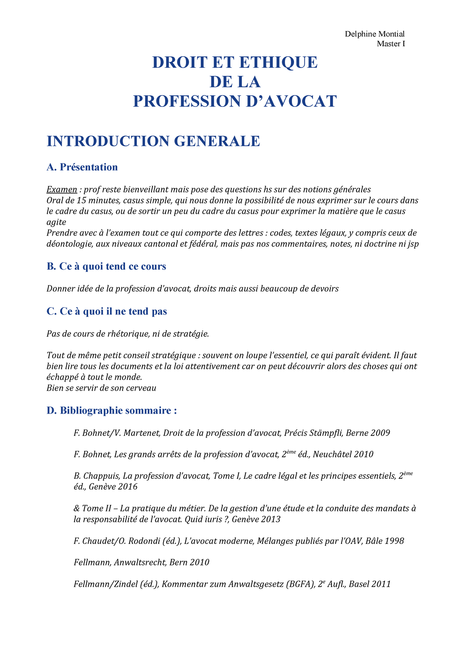 lettre à une avocate Droit et éthique de la profession d'avocat - - UNIL - StuDocu