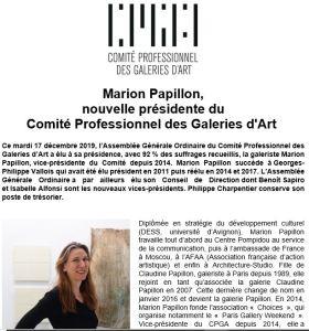 Marion Papillon- nouvelle présidente du Comité Professionnel des Galeries d’Art – ce 17 Décembre 2019