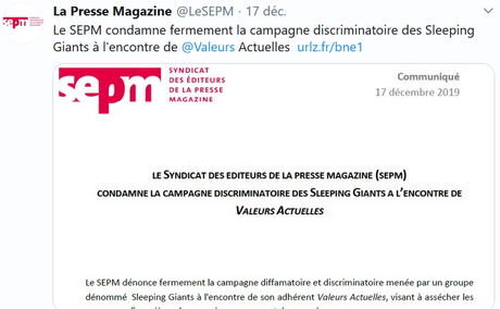 réponse personnelle d'un Sleeping Giant à @LeSEPM et @Valeurs  : Informer n'est pas censurer. STOP au business de la haine !