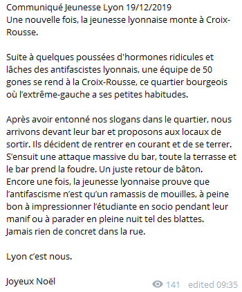 ENCORE un bar vandalisé par l'extrême-droite à Lyon : leur terrorisme va durer jusqu'à quand ? ENCORE un bar vandalisé par l'extrême-droite à Lyon : leur terrorisme va durer jusqu'à quand ?