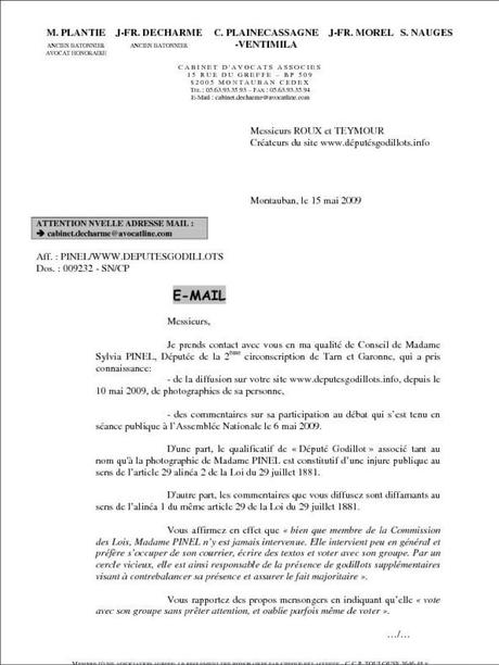 lettre adressée à un avocat La lettre de menace de la députée Pinel à Deputesgodillots.info
