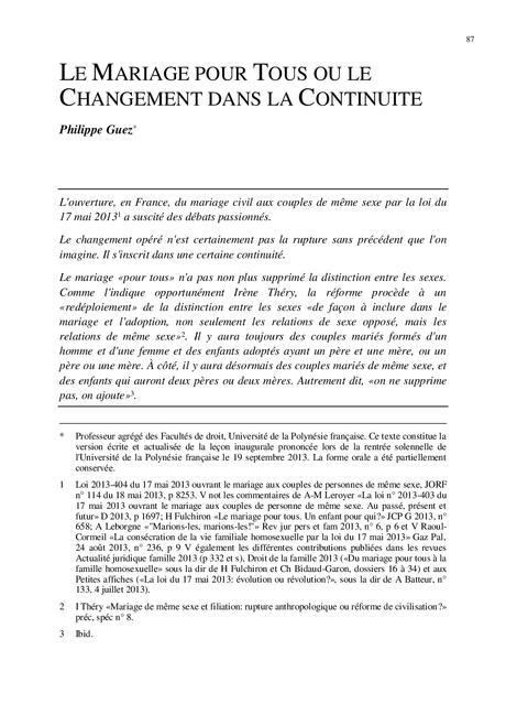 Le mariage pour tous ou le changement dans la continuité ...