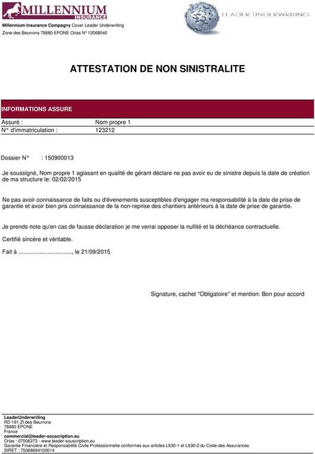ATTESTATION DE NON SINISTRALITE - PDF Téléchargement Gratuit