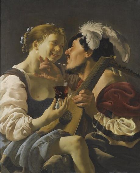 Terbrugghen 1625 ca A Luteplayer Carousing With A Young Woman Holding A Roemer coll priv