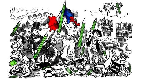 «La Liberté guidant le peuple, d'après Delacroix» Feutre noir sur papier, coul. num., Le Monde, 10 janvier 2015, Liberté d'expression, Je suis Charlie. Plantu/BNF
