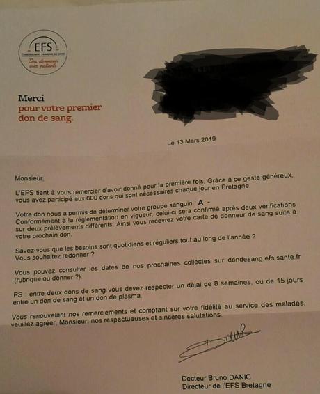 J'ai reçu ma lettre de remerciement de l'EFS après mon ...