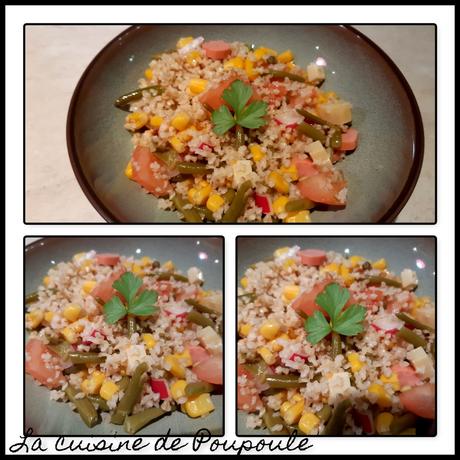 Salade boulgour, radis, haricots, maïs, Knacki et comté