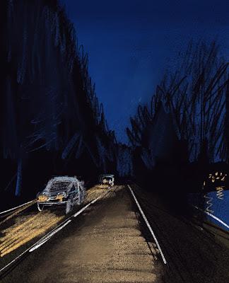 Dessin sur la Route, Drive by Drawing, lac de Gérardmer de nuit.