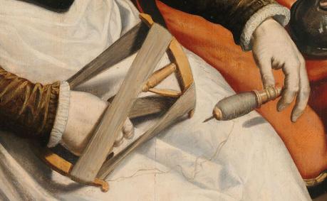 Man and Woman at a Spinning Wheel, Pieter Pietersz. (I), c. 1560 - c. 1570 detail