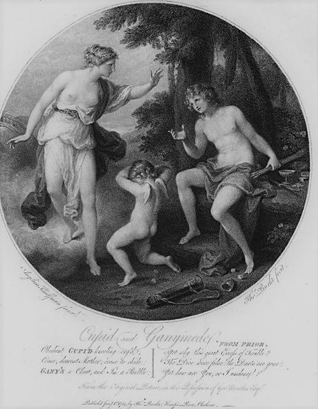 Angelica Kaufmann 1782 pour Bowles Ganymede se plaignant a Venus des tricheries de Cupidon gravure de Thomas Burke 1784