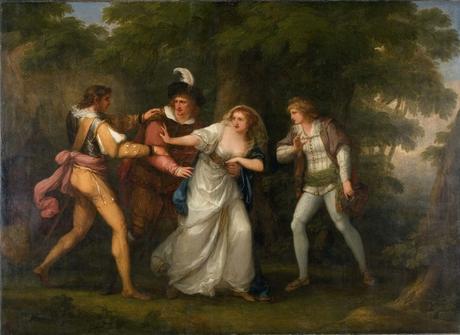 Angelica Kauffman 1789 fev Valentine, Proteus, Sylvia and Giulia in the Forest (Scene from Two Gentlemen of Verona Act V, Scene IV) Davis Museum, Wellesley