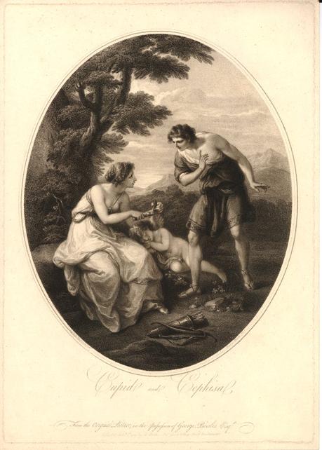 Angelika Kauffmann 1782 pour Bowles Cephise coupant les ailes de Cupidon gravure de