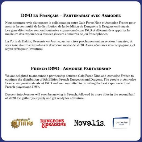 D&D en Français – Partenariat Gale Force Nine/Asmodee