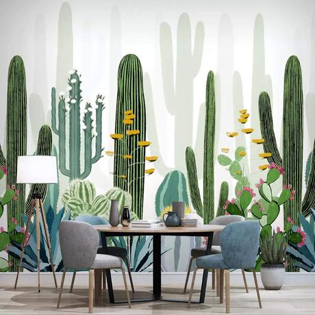 salon salle à manger exotique style urban jungle papier peint cactus