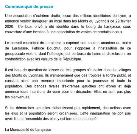 identitaires lyonnais : à Larajasse ou ailleurs, on ne veut pas de vous ! #BastionSocial #antifa