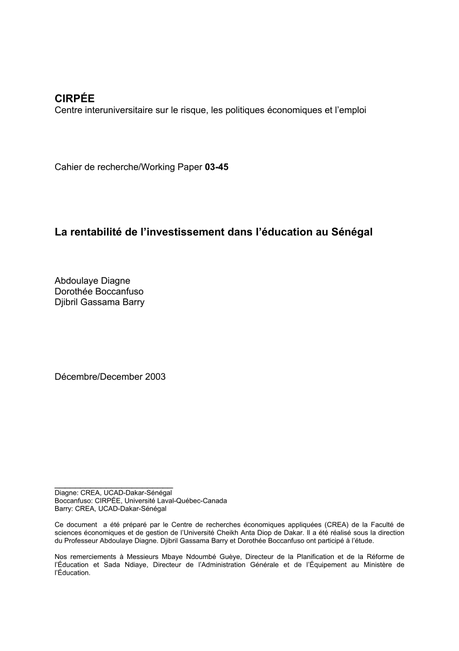 PDF) La rentabilité de l'investissement dans l'éducation au ...